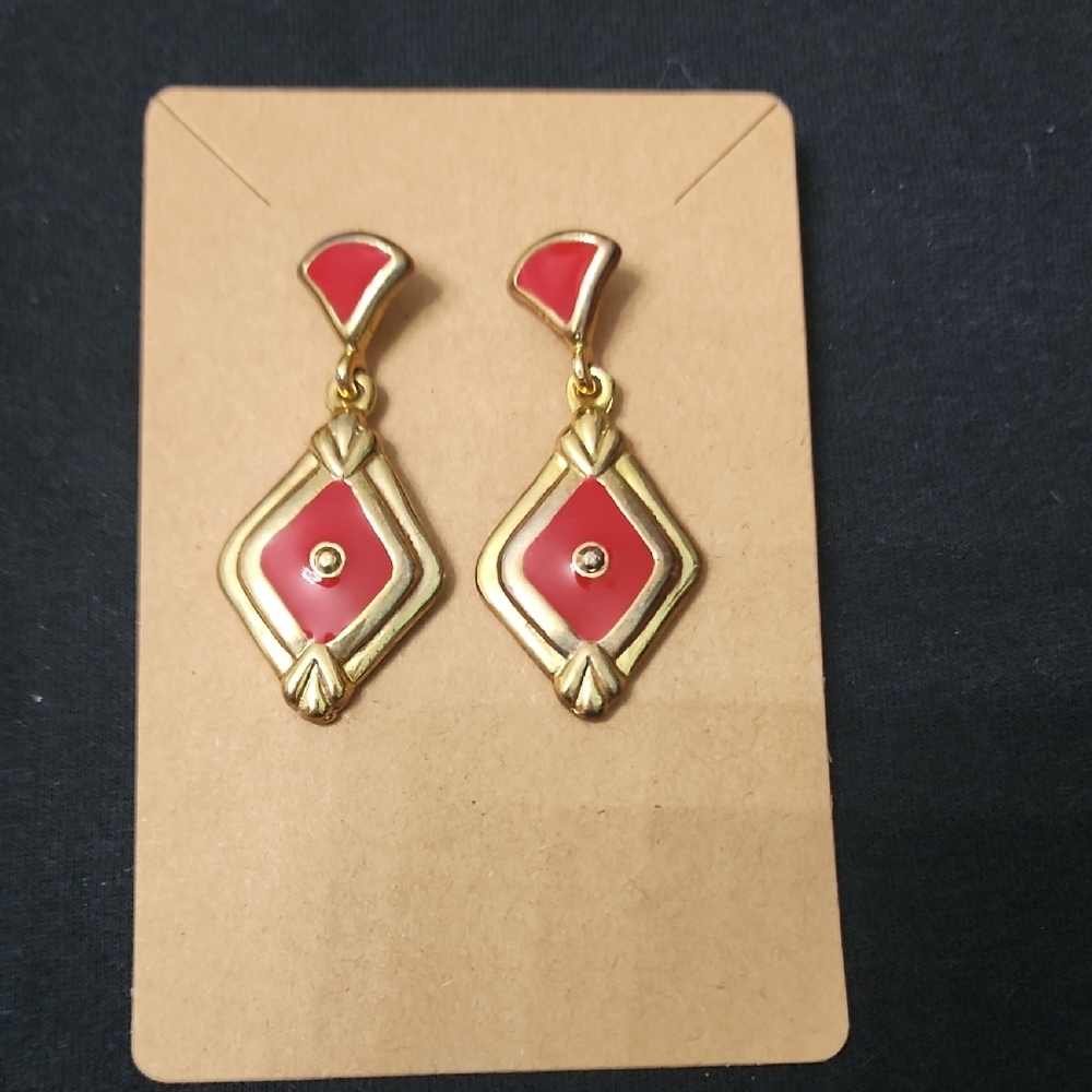Vintage Gold and Red Geometric Earrings